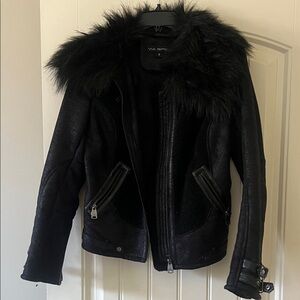 Via Spiga Dark Leather Jacket with Faux Fur Trim